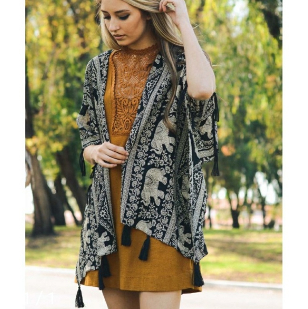 2 LEFT - BOHO Elephant Print Tassled Kimono